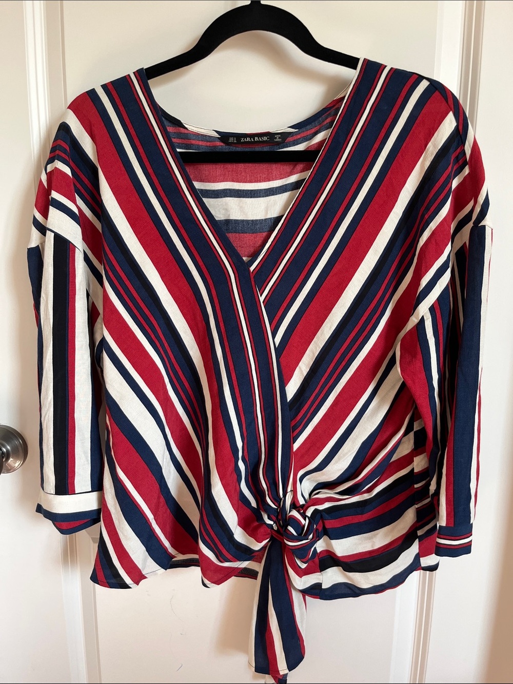 Zara‎ Red Navy White Striped Tie-Knot Blouse